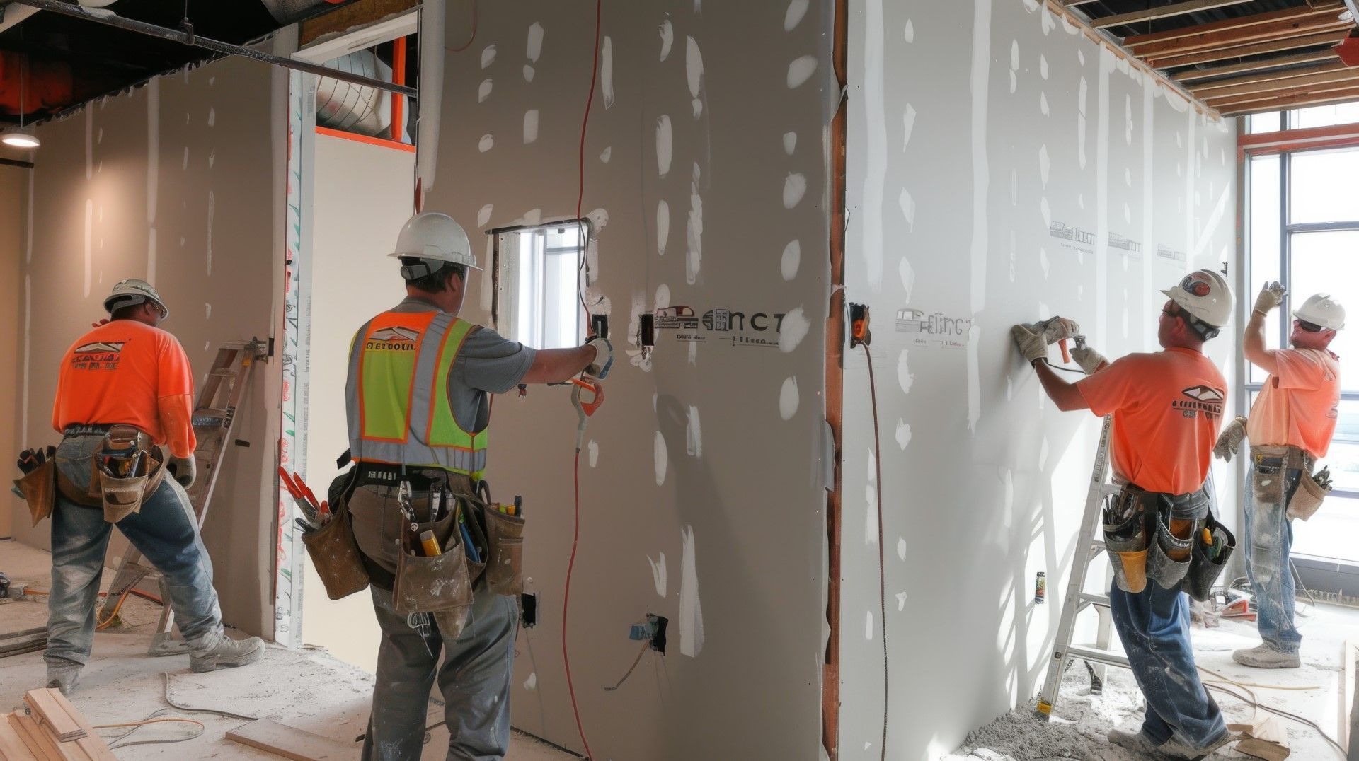 A group of construction workers are working on a wall.