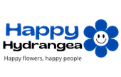 Het logo voor Happy Hydrangea is een blauwe bloem met een lachend gezichtje erop.