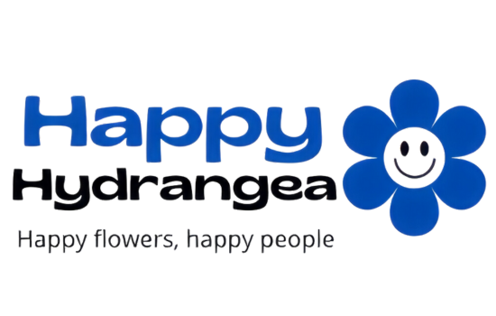Het logo voor Happy Hydrangea is een blauwe bloem met een lachend gezichtje erop.