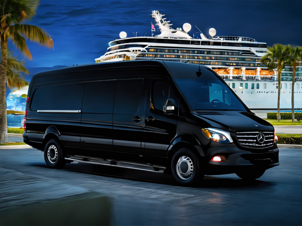 A black cadillac is parked in a parking lot in front of a cruise ship.