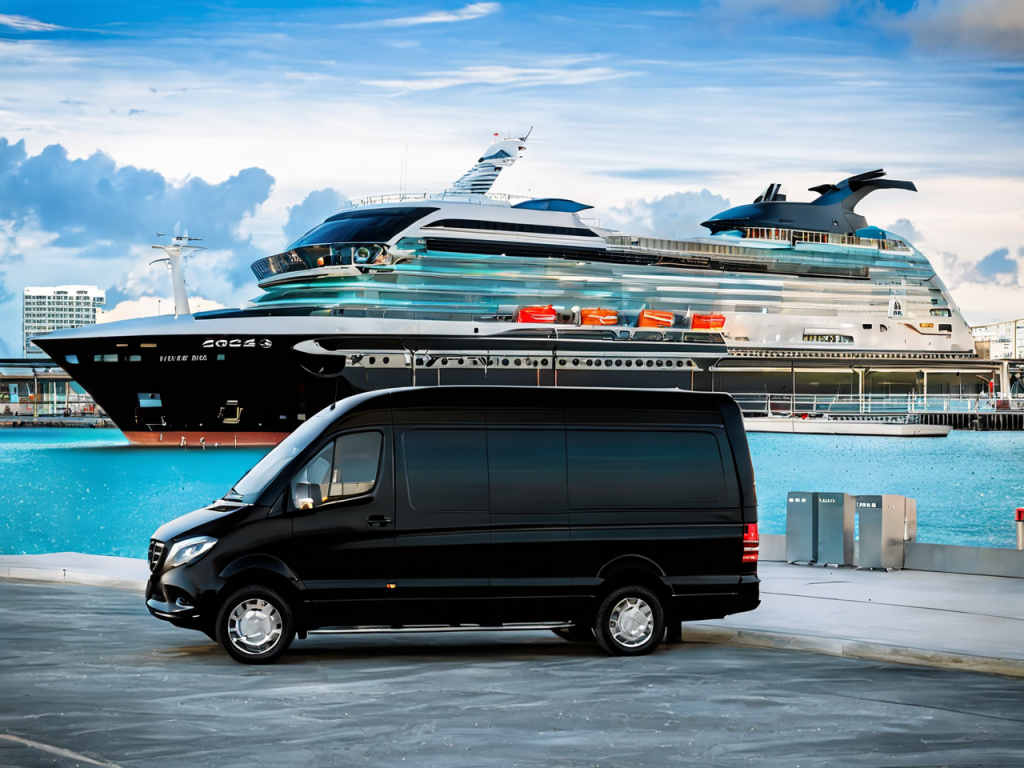 A black cadillac is parked in a parking lot in front of a cruise ship.