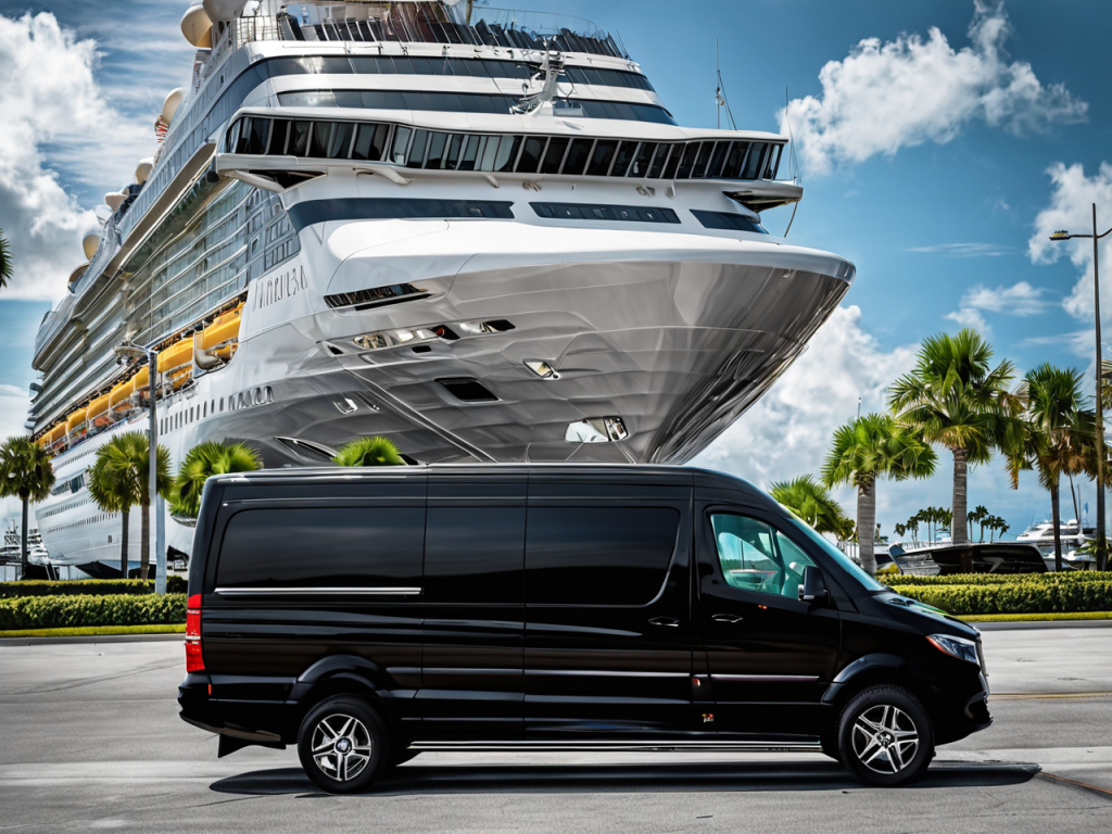 A black cadillac is parked in a parking lot in front of a cruise ship.