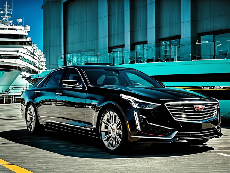 A black cadillac is parked in a parking lot in front of a cruise ship.