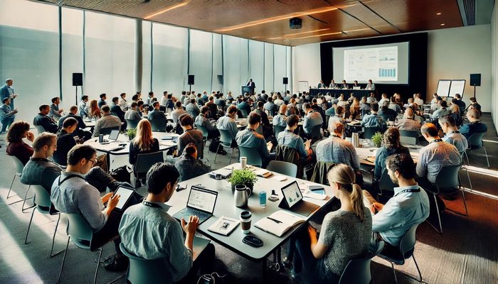 A large group of people are sitting at tables in a conference room.