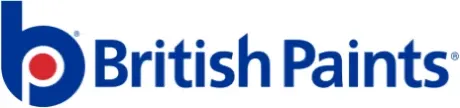 The logo for british paints is blue and red on a white background.