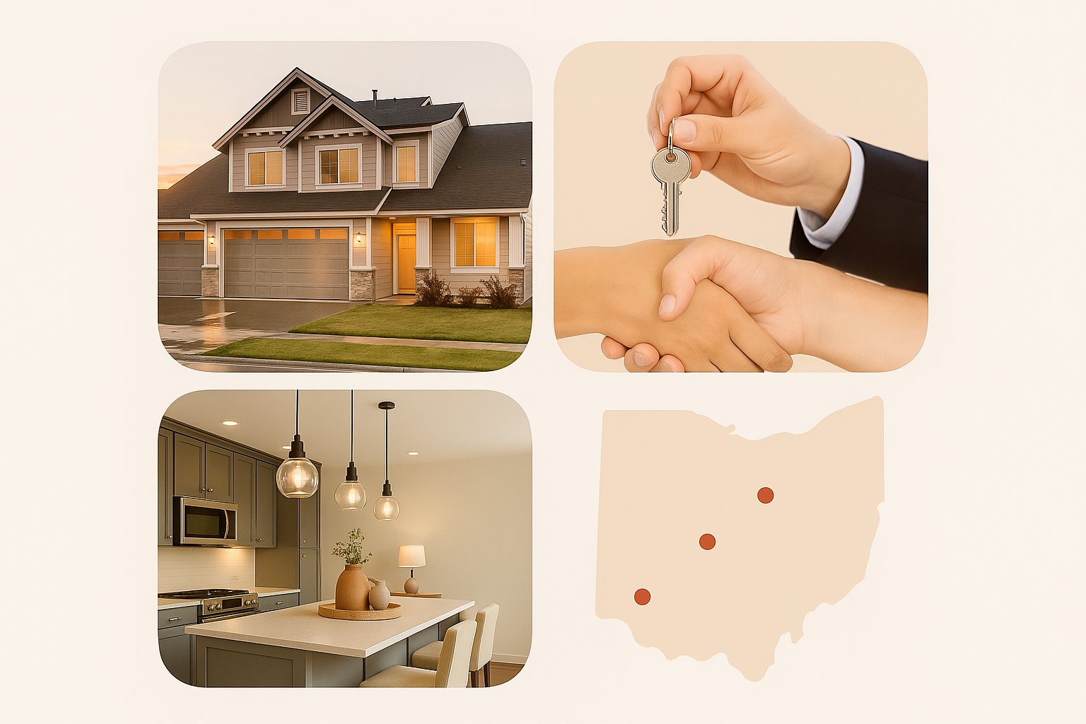 House, keys exchanged, kitchen interior, Ohio map with hearts.