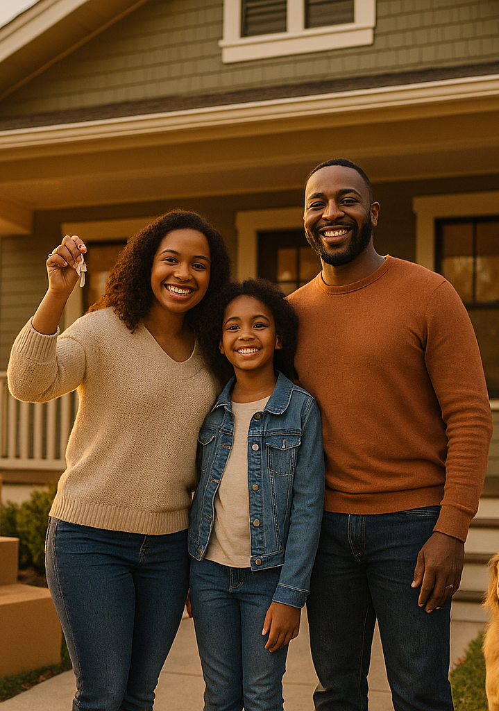 Family in front of new house with