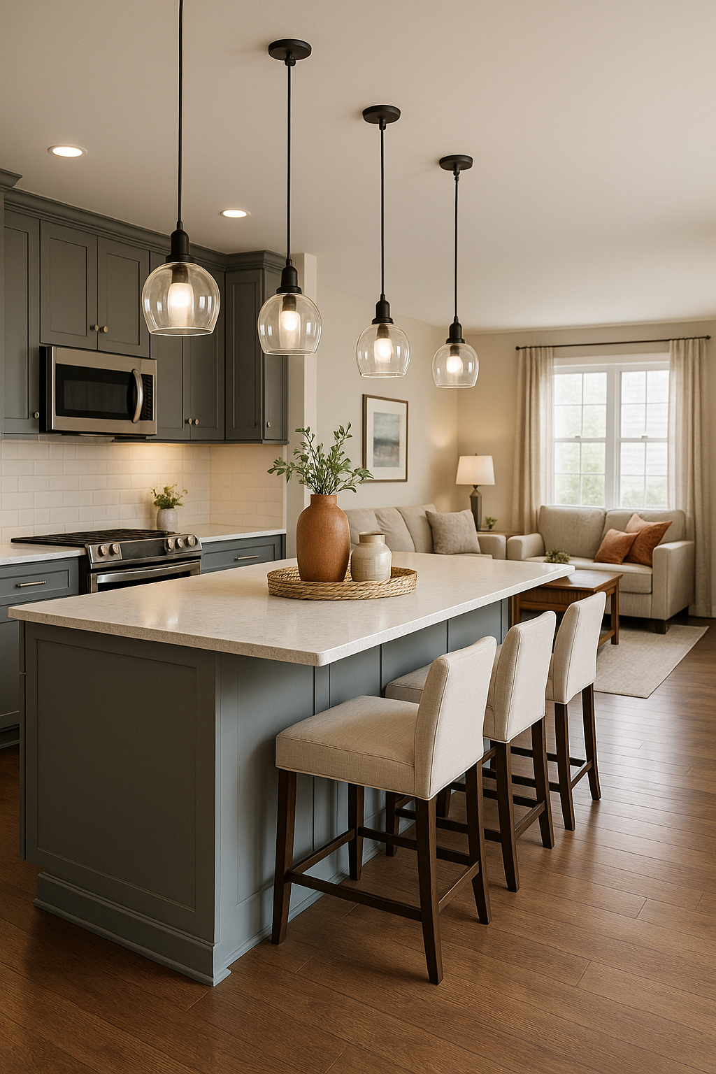 Modern kitchen with island, pendant lights, and bar stools, connecting to a living area with a sofa.