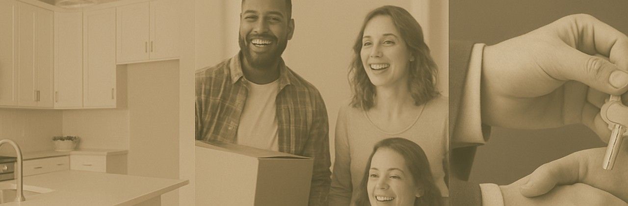 Family smiles in a new home, receiving keys. Kitchen in the background.