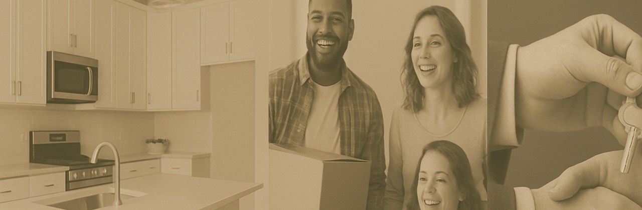 Family smiling at a new home, keys being handed over in a kitchen.