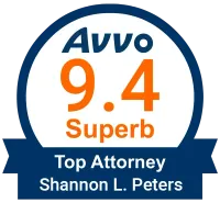 A badge that says avvo rating 9.6 shannon l. peters top attorney