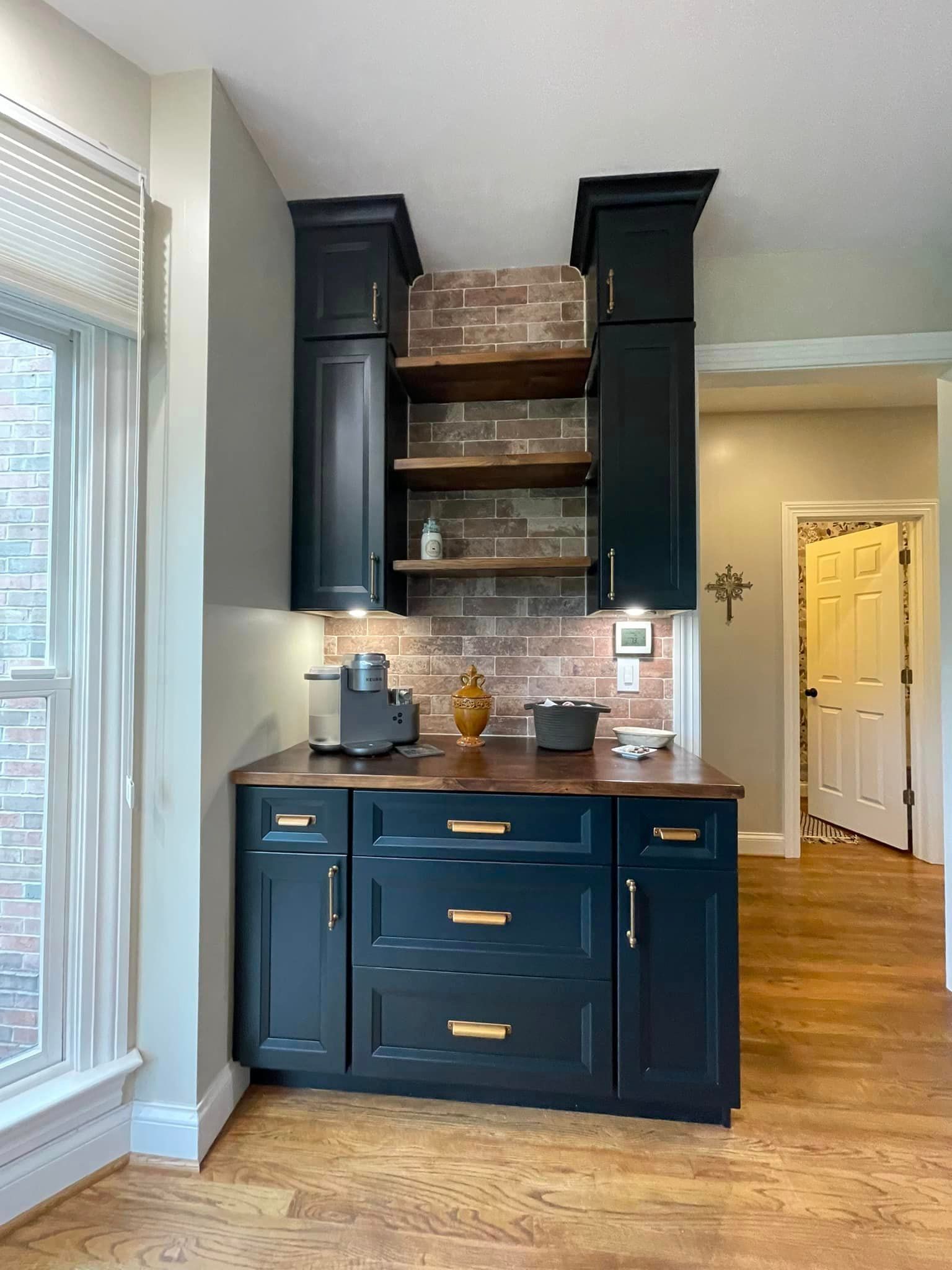 kitchen shelves dark blue view 9