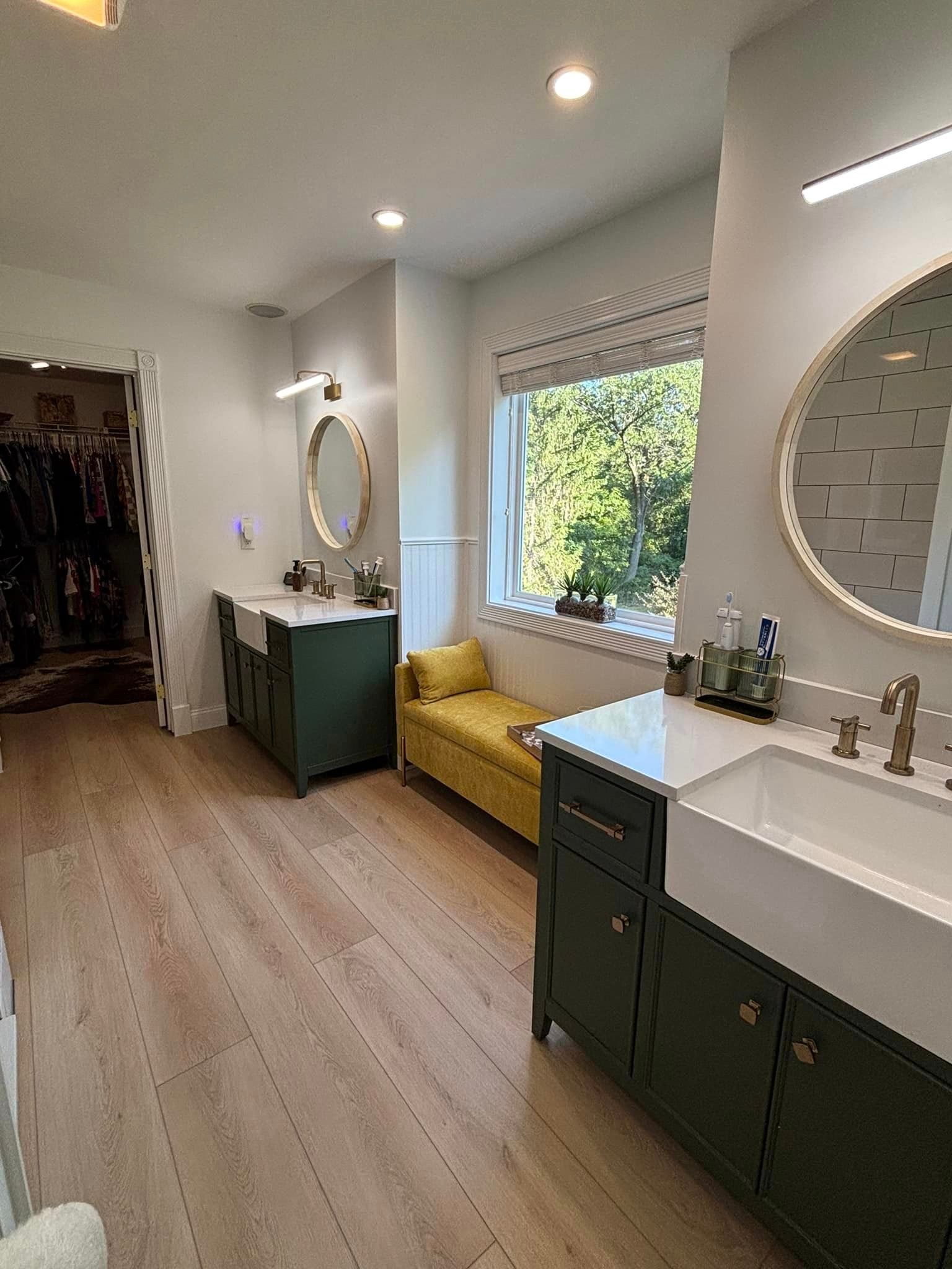 green cabinet master bathroom remodel