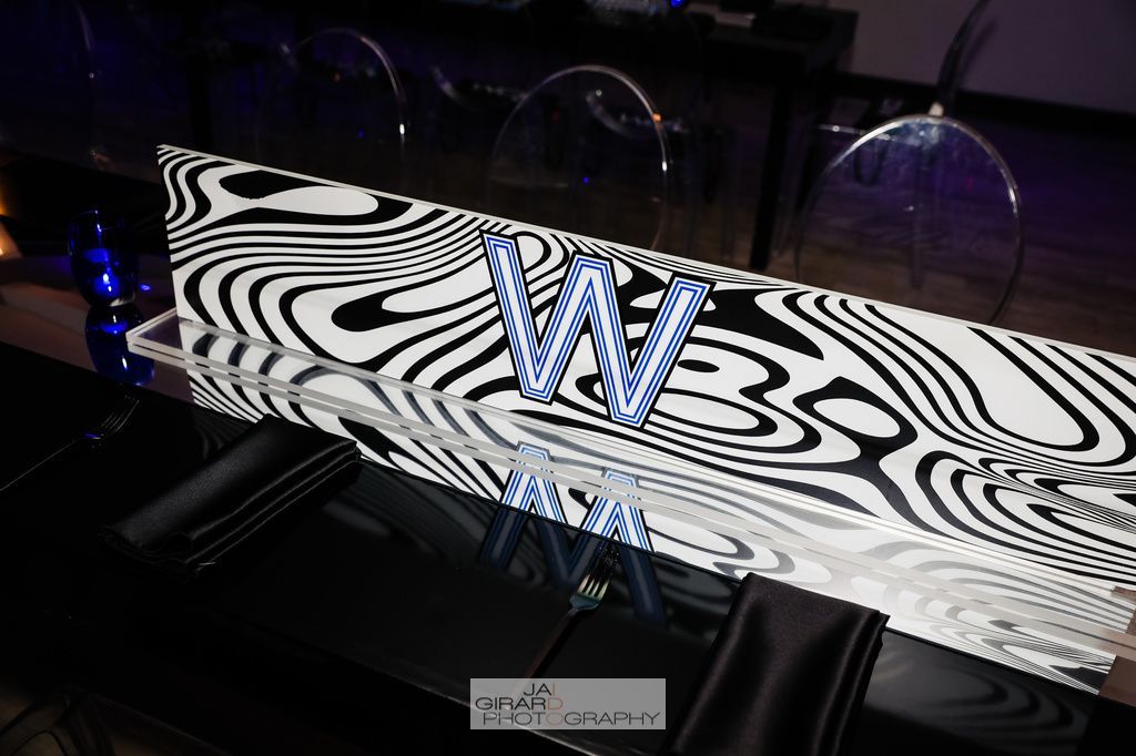 A table with a zebra print and the letter w on it