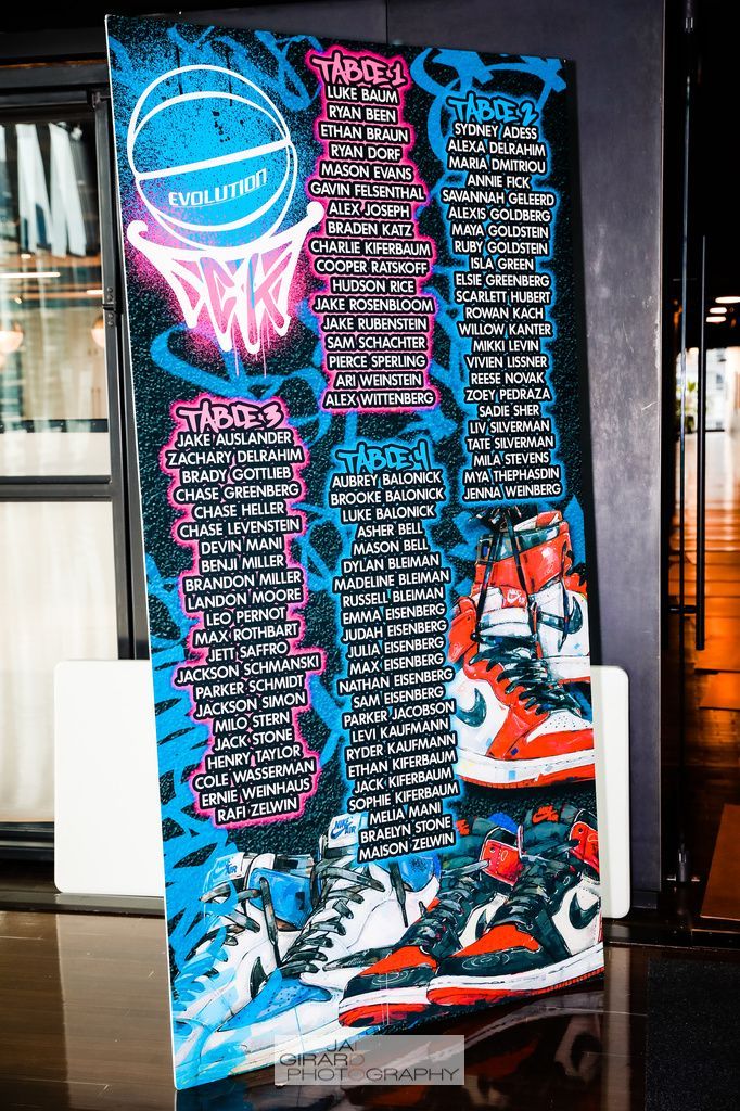 A painting of a basketball hoop and a pair of sneakers on a wall.