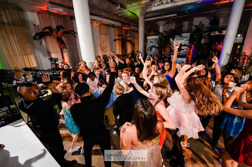 A large group of people are dancing at a party.