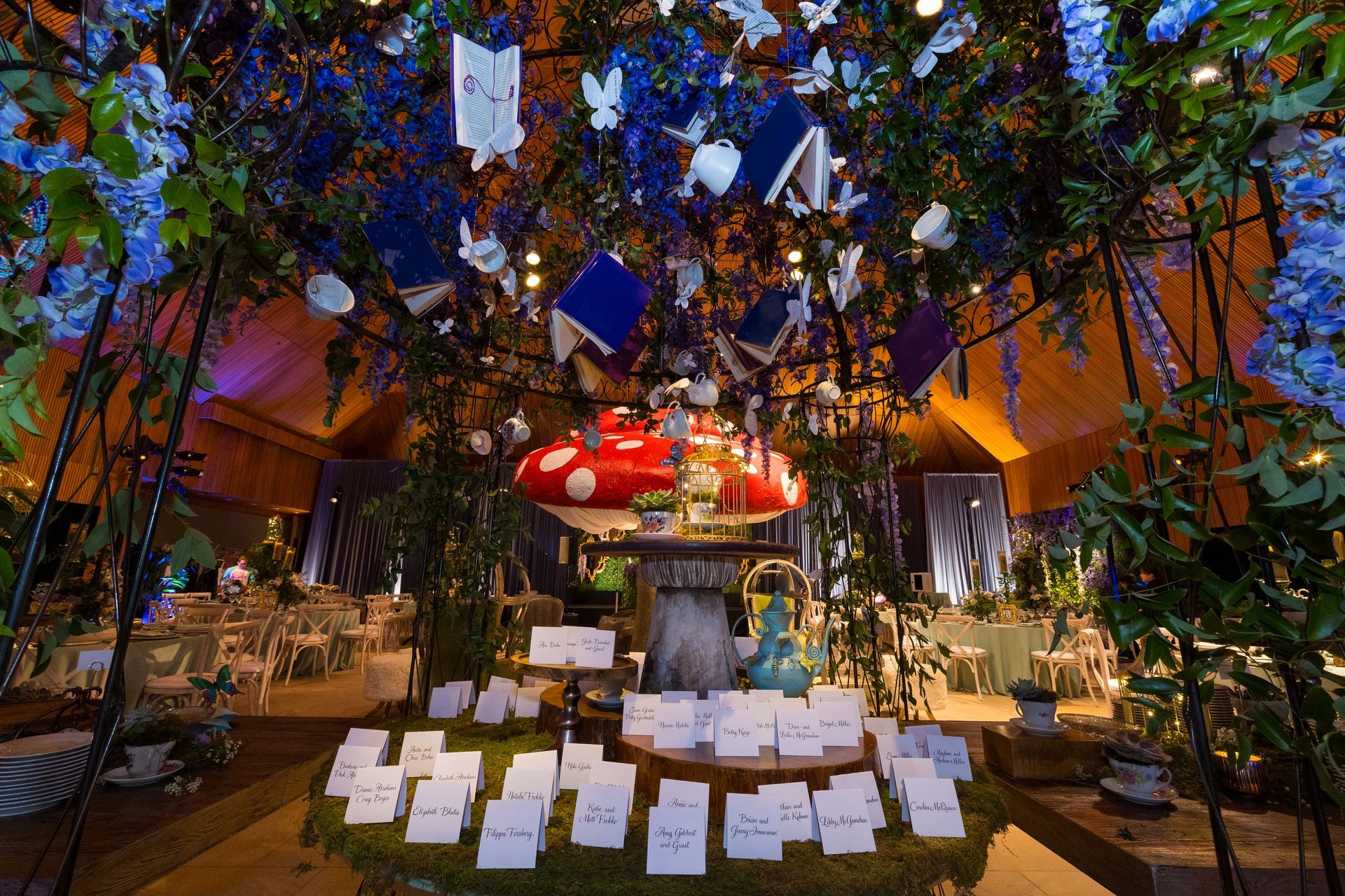 A table with cards and a mushroom on top of it in a room.