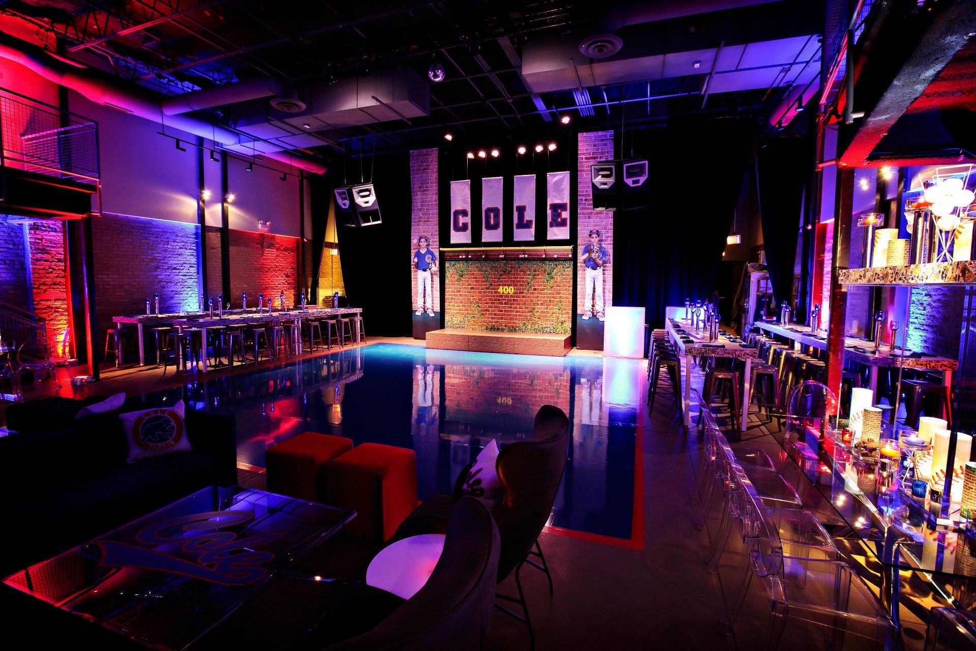 A large room with a swimming pool in the middle of it