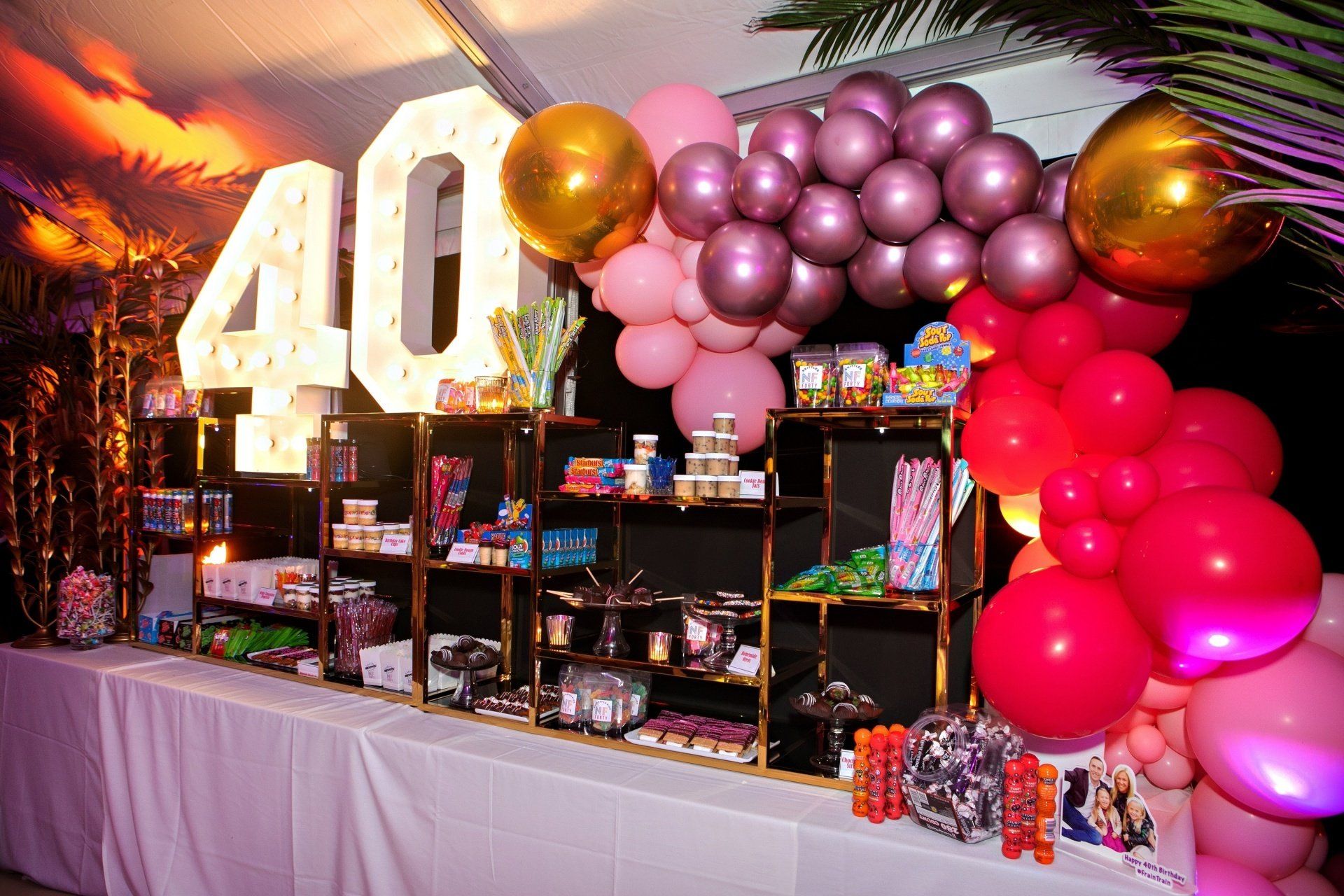 A table with balloons and a sign that says 40 on it.