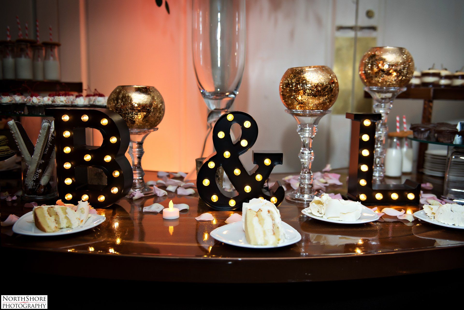A table with plates of cake and candles on it