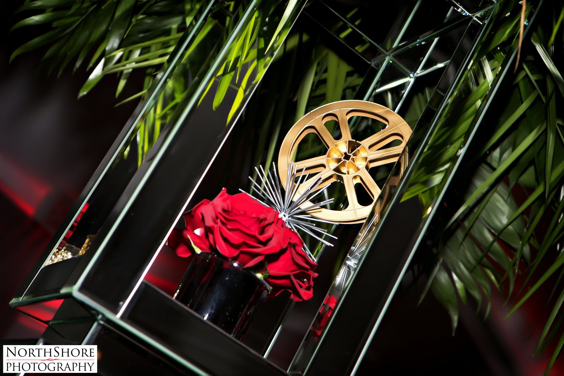 A cage with flowers and a film reel inside of it.