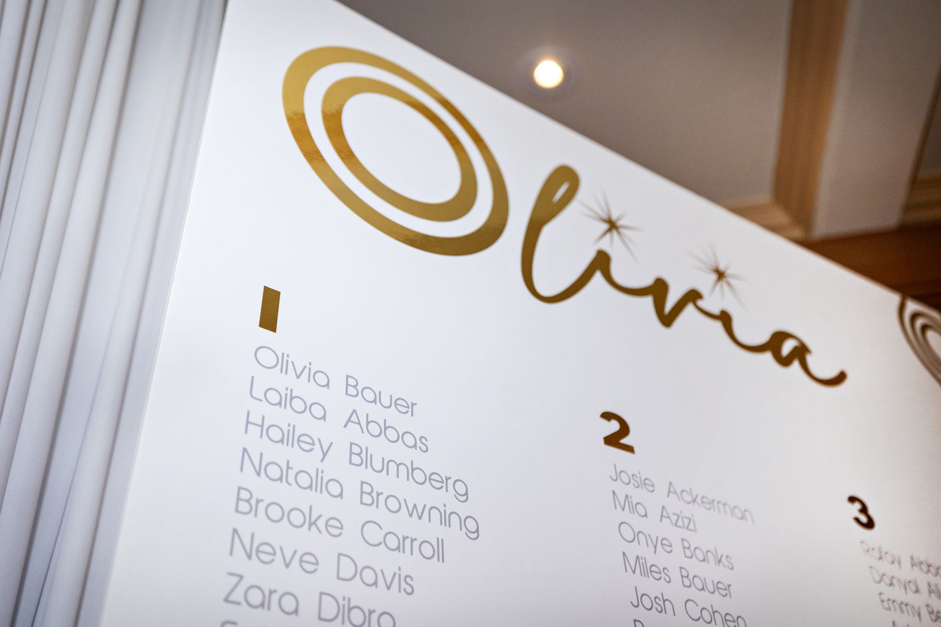 A seating chart with the name olivia on it