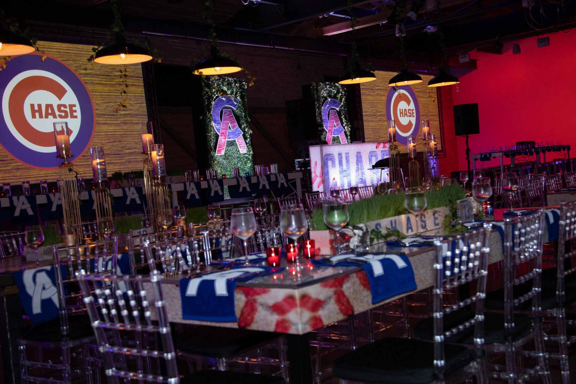 A dining room with tables and chairs set up for a baseball game.