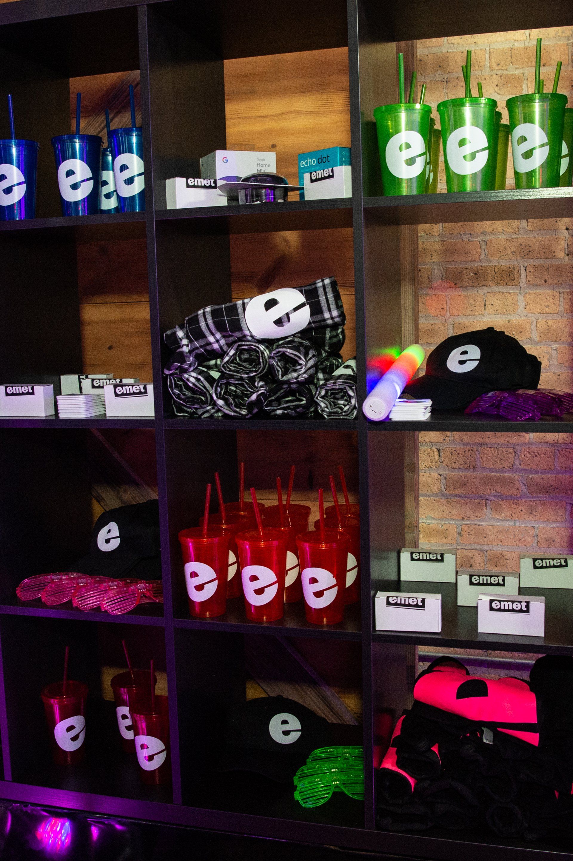 A shelf filled with a variety of items with the letter e on them