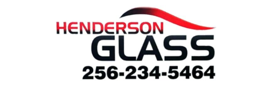 Henderson Glass logo with black text and a red swoosh above the company name, including the phone number 256-234-5464.