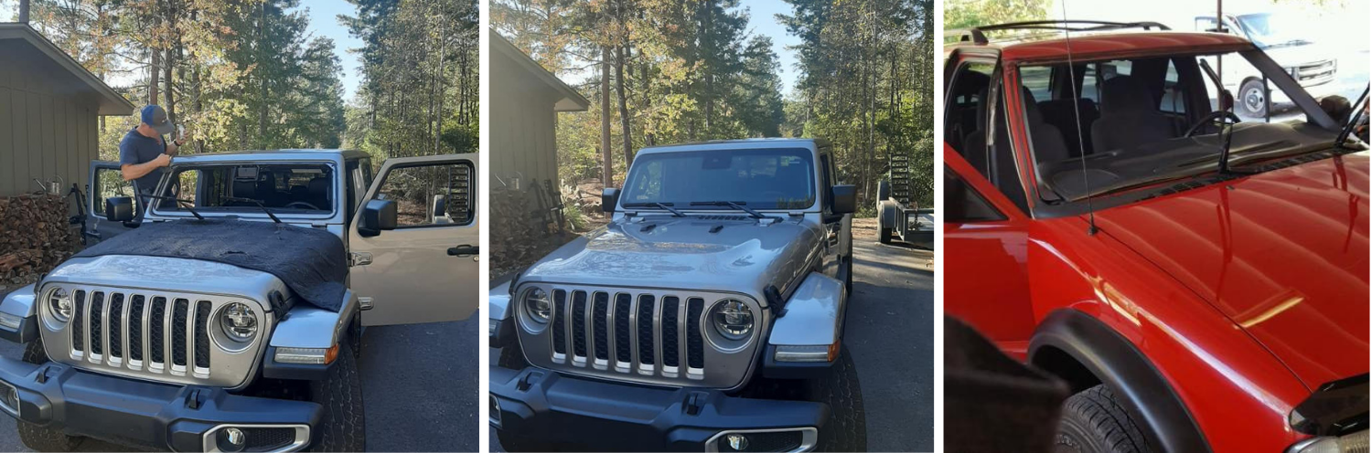 Three panels showing a silver Jeep being repaired, followed by a close-up of a damaged red vehicle's windshield.
