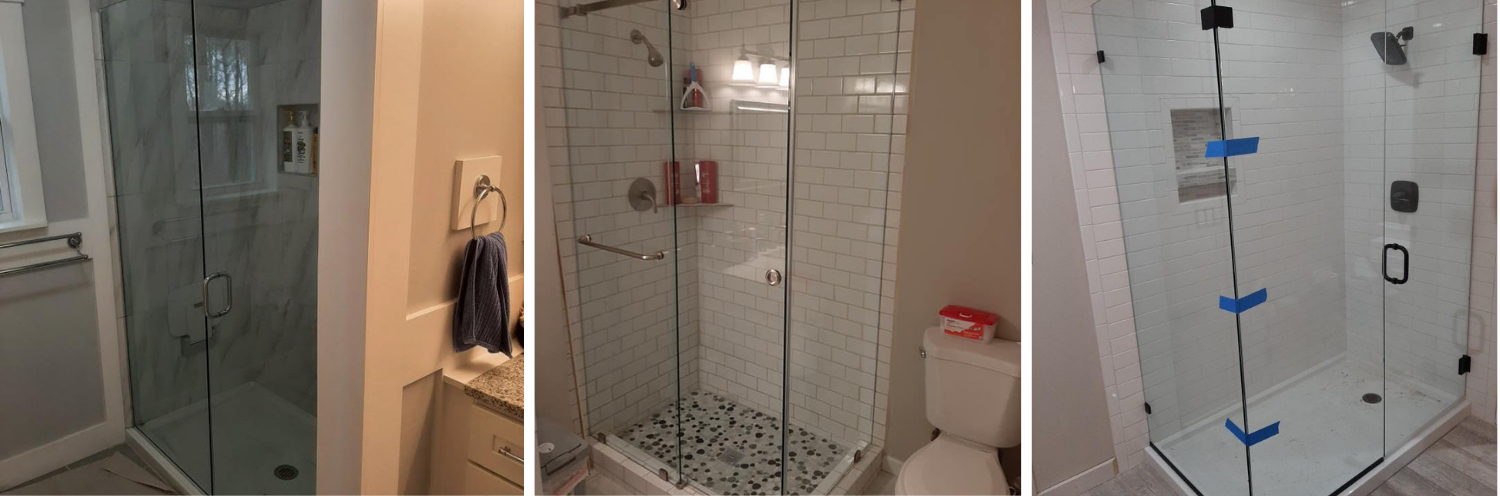 Three photos show different angles of a glass-enclosed shower featuring white subway tiles and a stone-tiled floor.