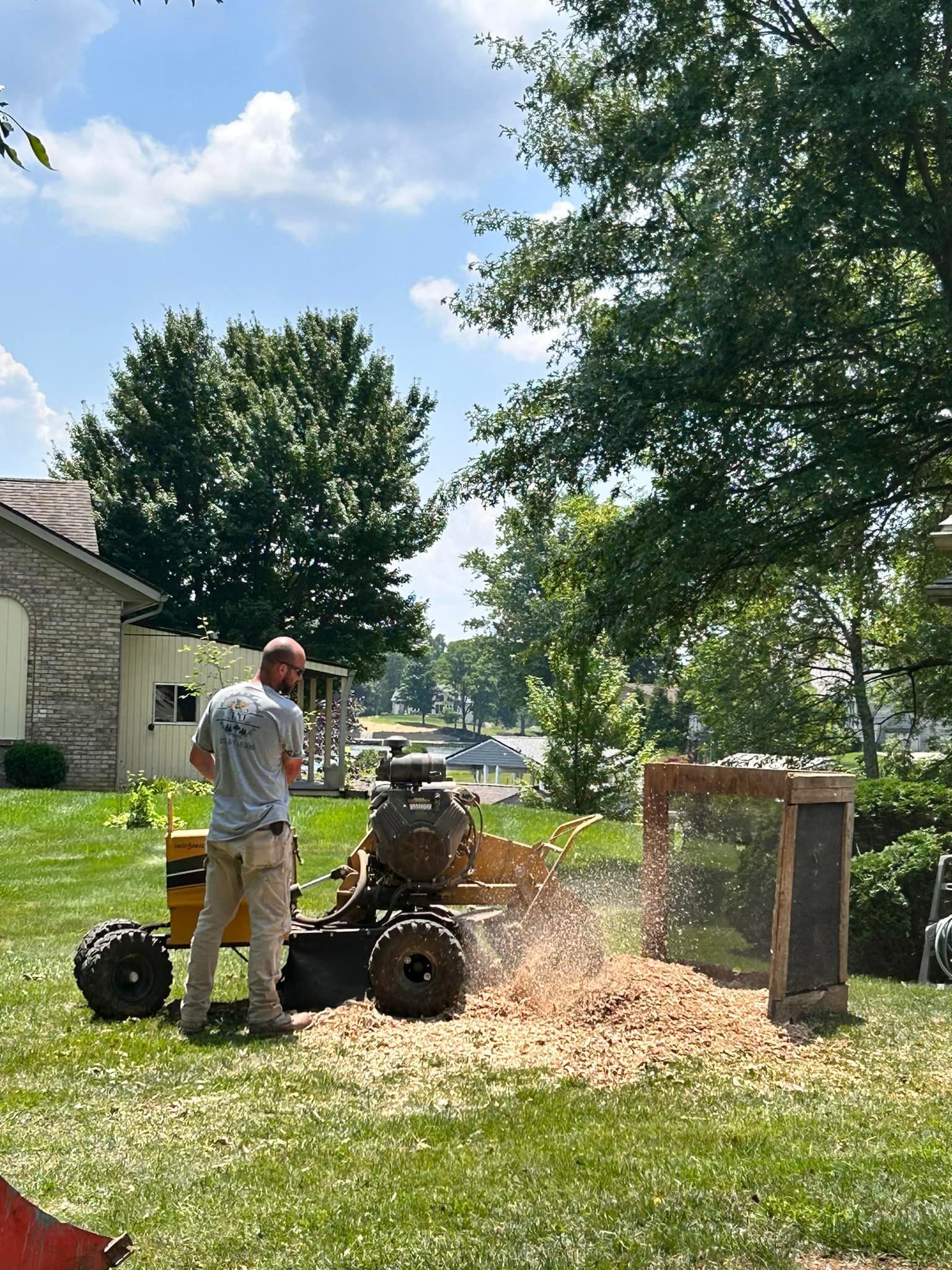 A man is using a stump grinder to remove a tree stump.