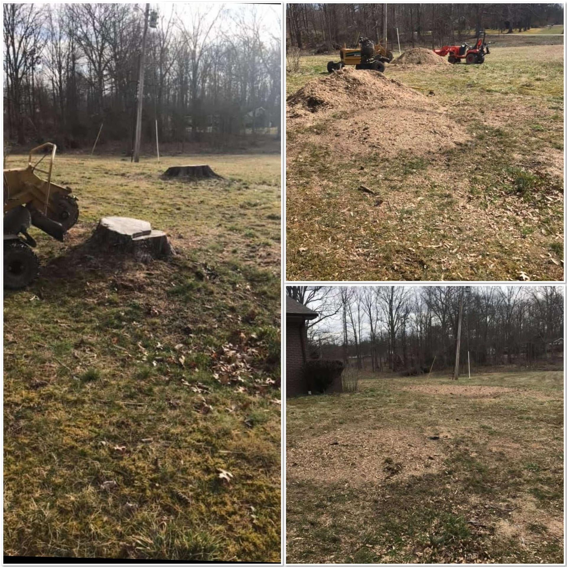 A stump grinder is being used to remove a tree stump in a field.