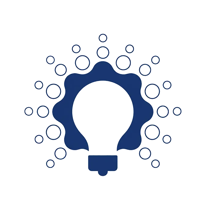 Blue lightbulb icon with a gear-like outline and small circles around it