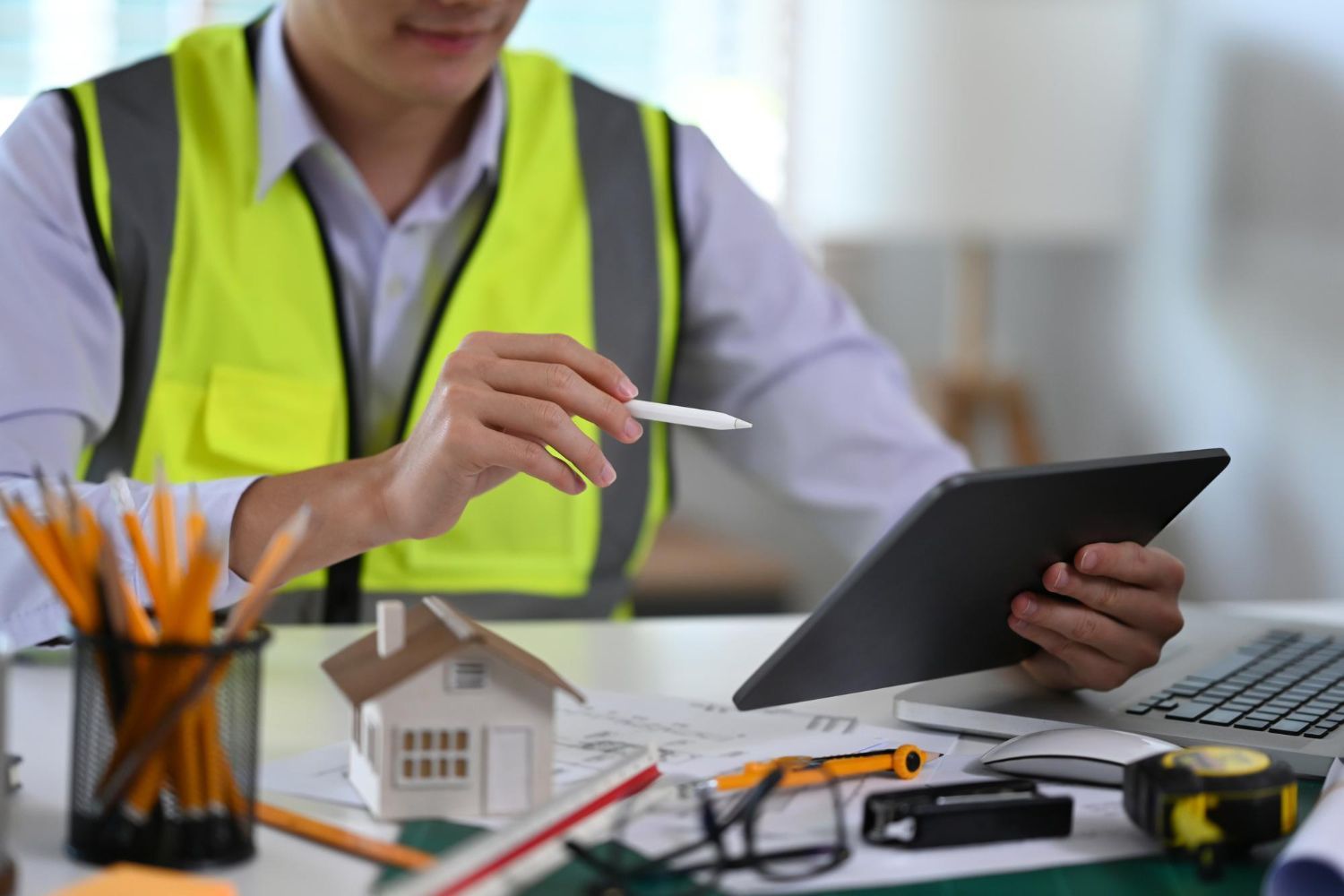 A professional wearing a safety vest works at a desk with a tablet, miniature house model, and drafting tools.