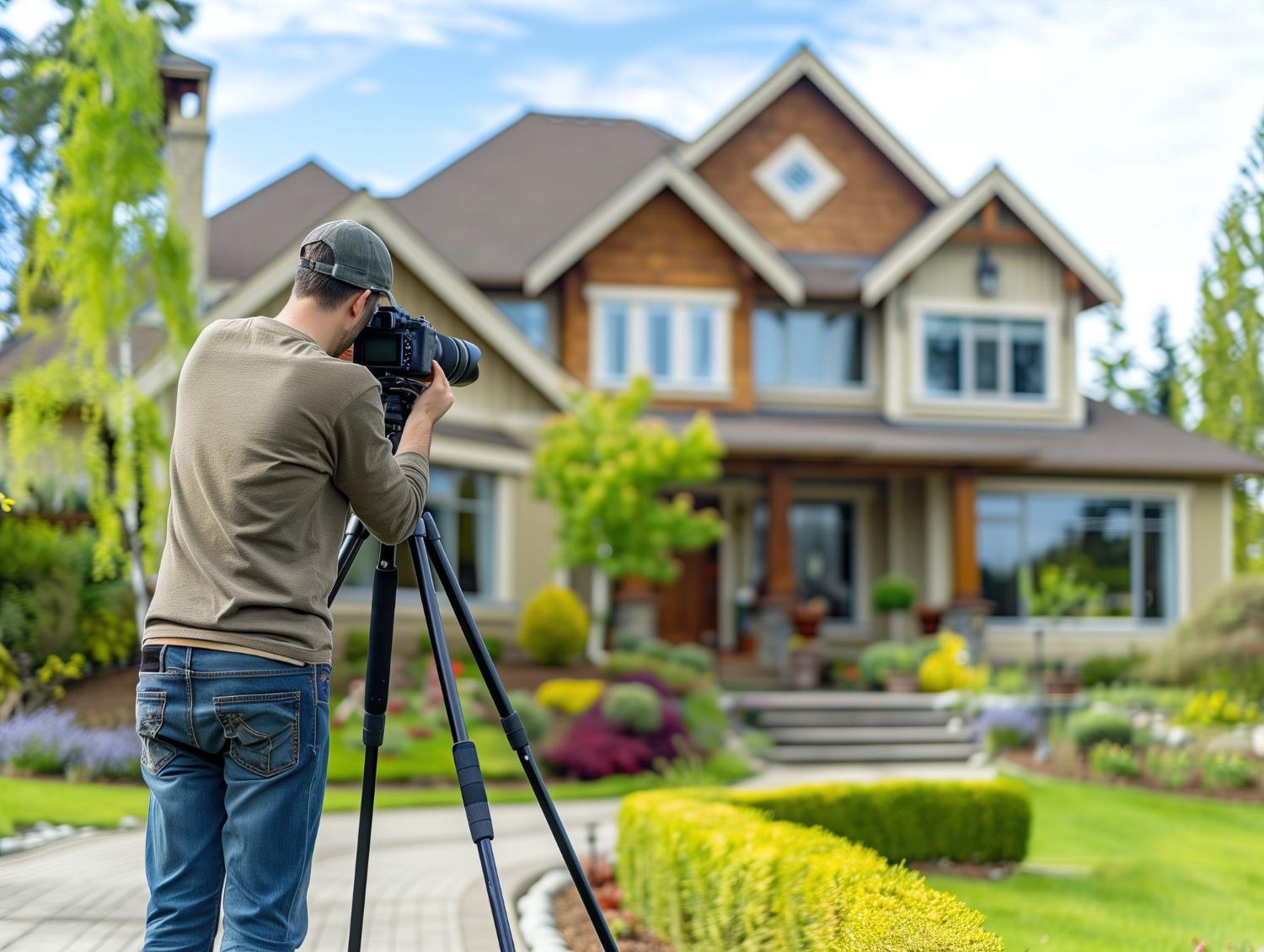 A photographer standing behind a tripod captures a professional shot of a two-story suburban home with a manicured lawn.