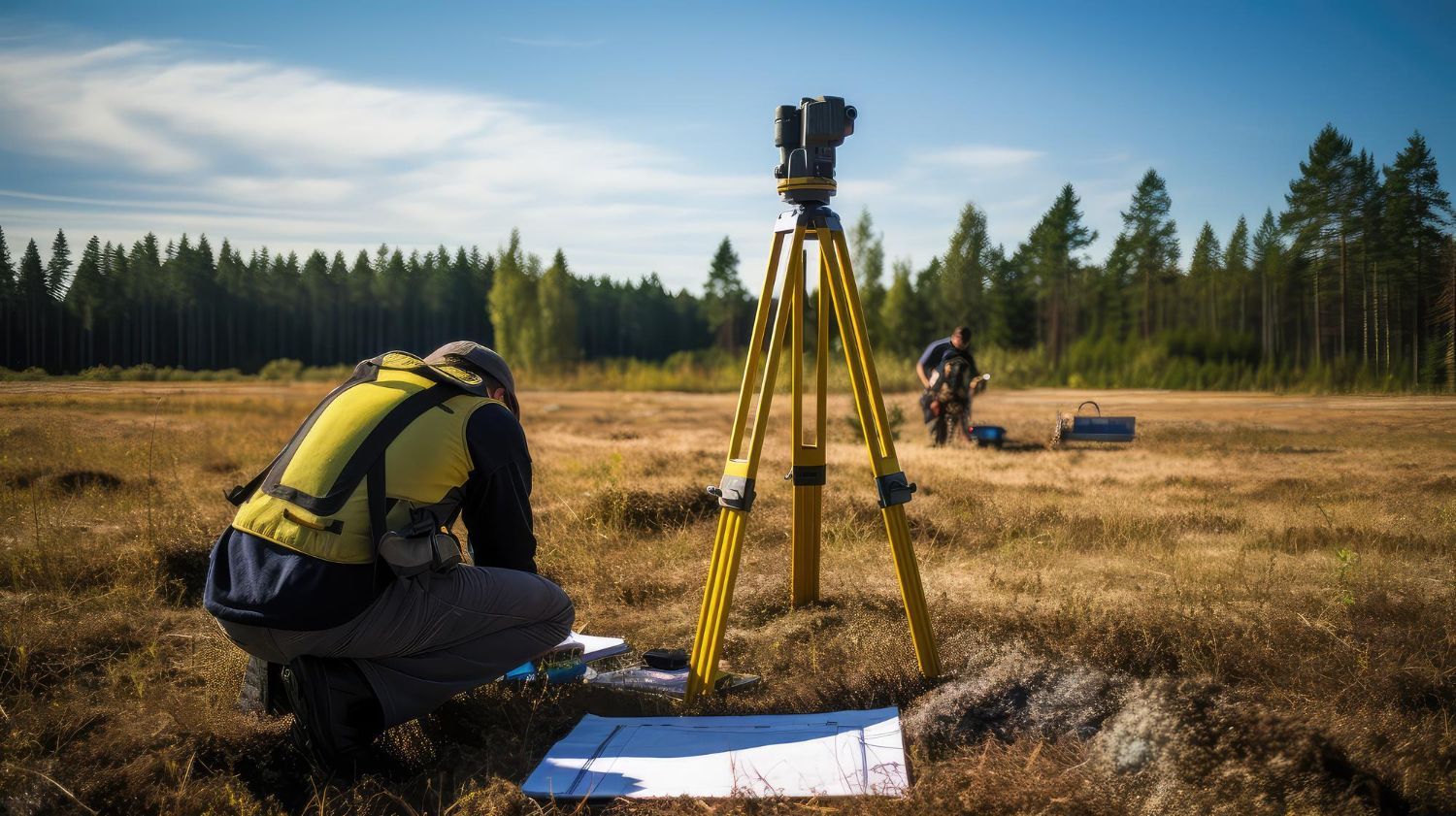 Two land surveyors work with a tripod-mounted total station in a grassy field backed by a forest.