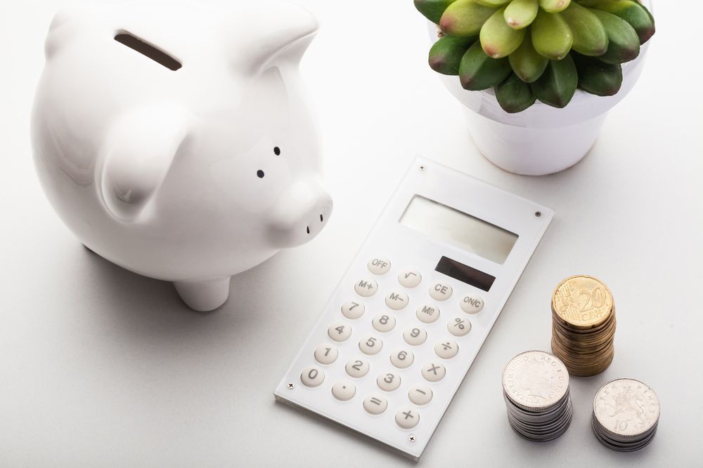 A Piggy Bank, Calculator, Coins and a Potted Plant on a Table — Commercial Kitchens Direct in Shellharbour, NSW