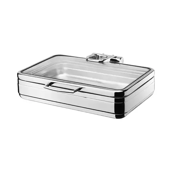 A Stainless Steel Tray with A Glass Lid and Handle on A White Background — Commercial Kitchens Direct in Unanderra, NSW
