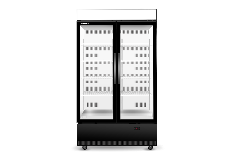 A refrigerator with two glass doors on a white background.