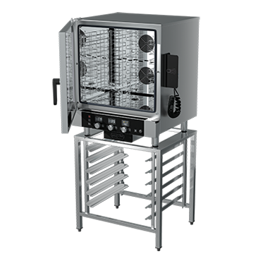 A Stainless Steel Oven Is Sitting on Top of A Stand with The Door Open — Commercial Kitchens Direct in Unanderra, NSW