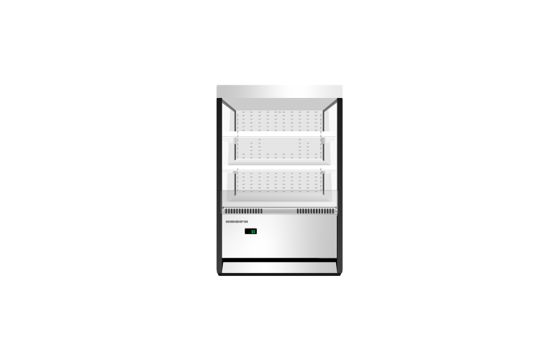 A stainless steel refrigerator with three shelves on a white background.