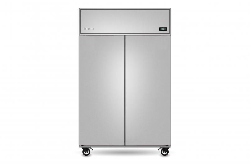 A stainless steel refrigerator with two doors and wheels on a white background.