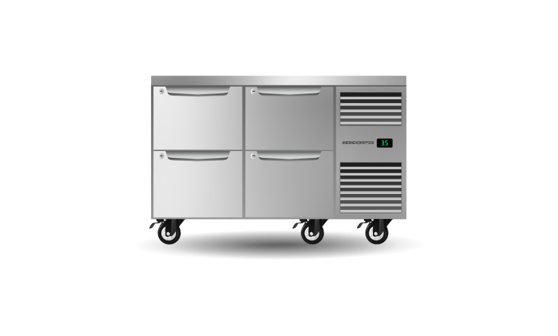 A stainless steel refrigerator with four drawers and wheels on a white background.