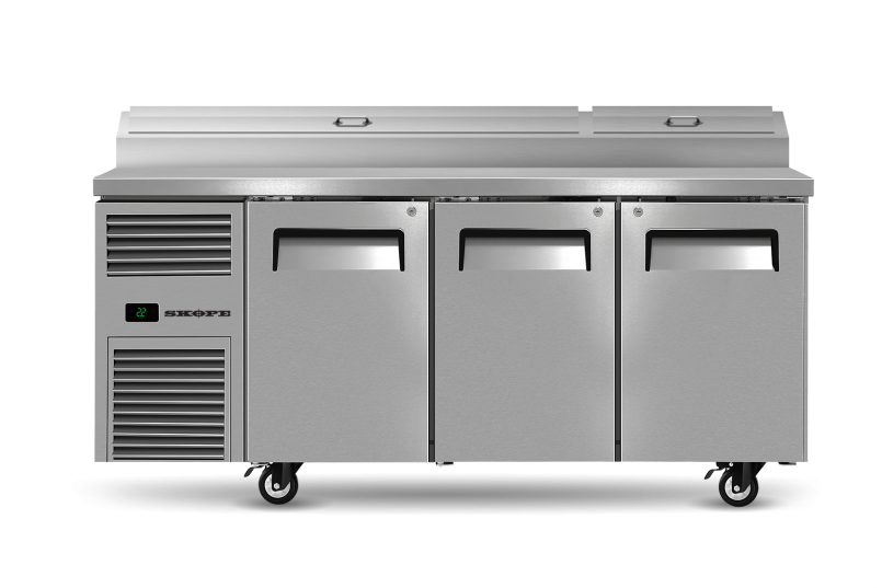 A stainless steel refrigerator with three doors and wheels on a white background.