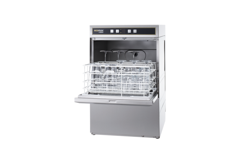 A stainless steel dishwasher with the door open and glasses in it.