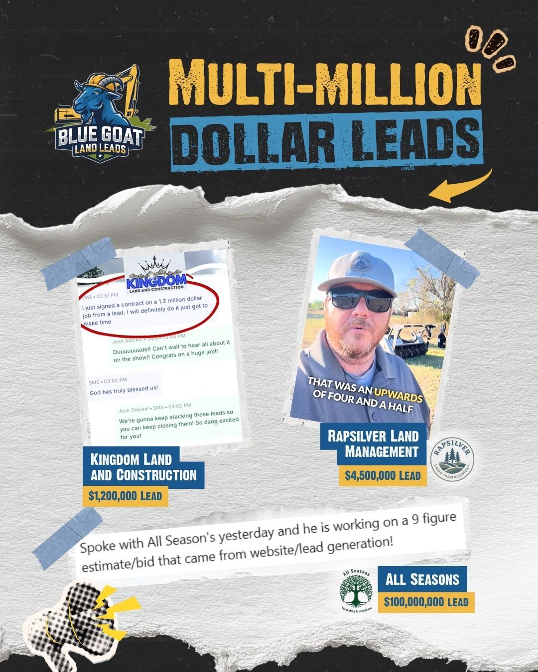 A Blue Goat Lead Gen graphic showcases client testimonials and success stories featuring multi-million dollar contracts.