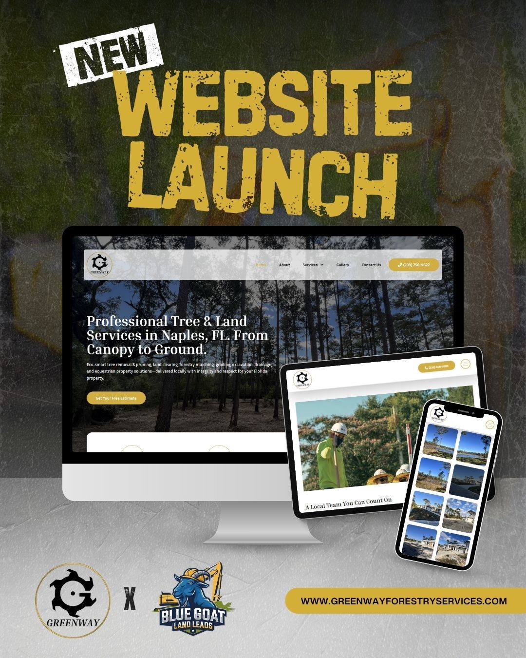 New website launch graphic: Computer, tablet, and phone display a tree service website.