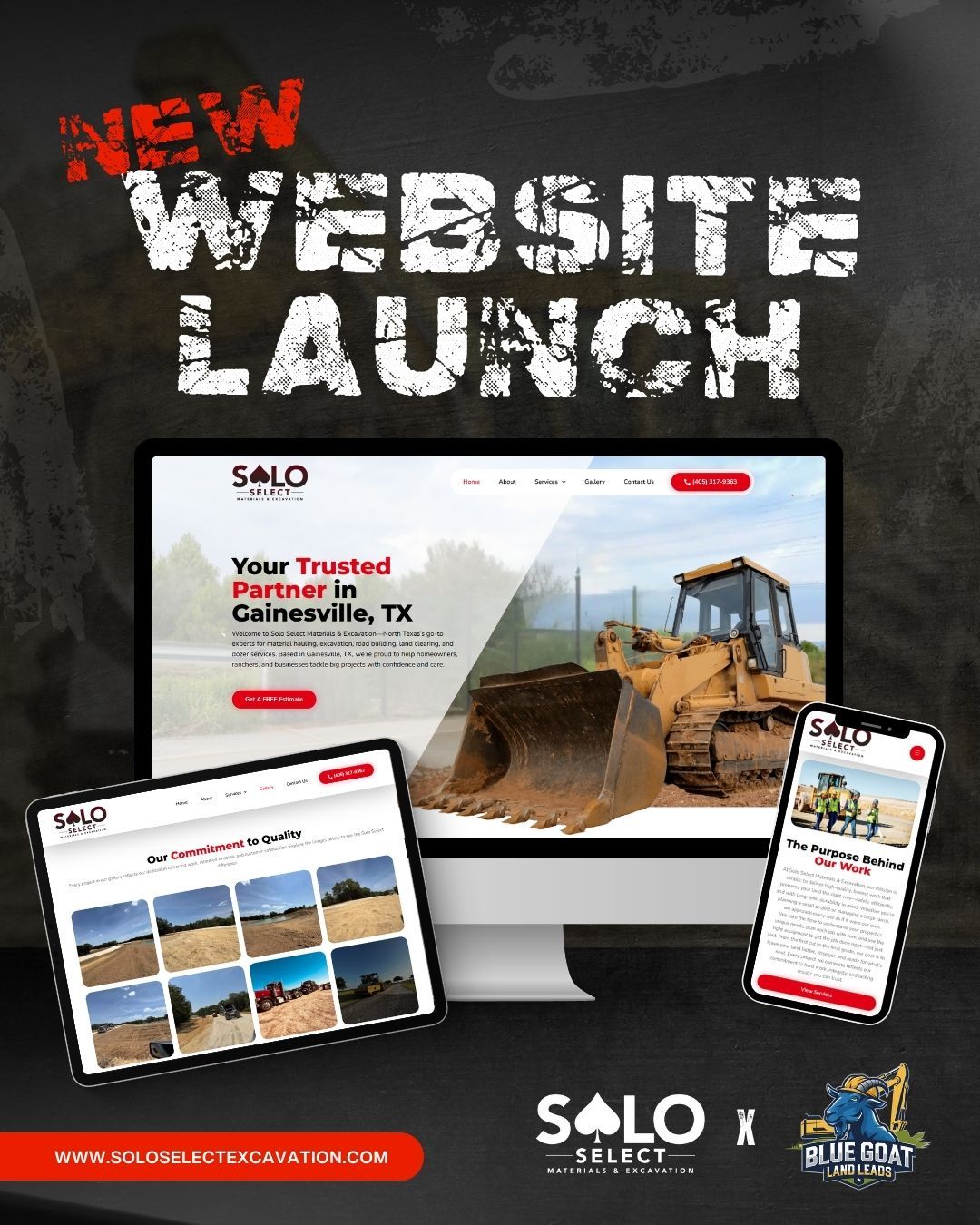 New website launch announcement for Solo Select. Mockups of a website on a monitor, tablet, and phone with construction equipment imagery.