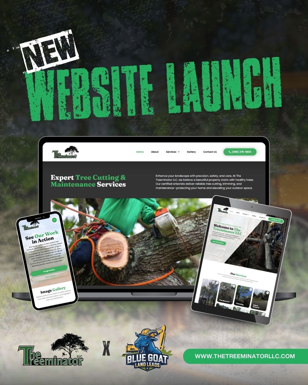New website launch: Laptop and phones showcasing a tree service website. Green and black.